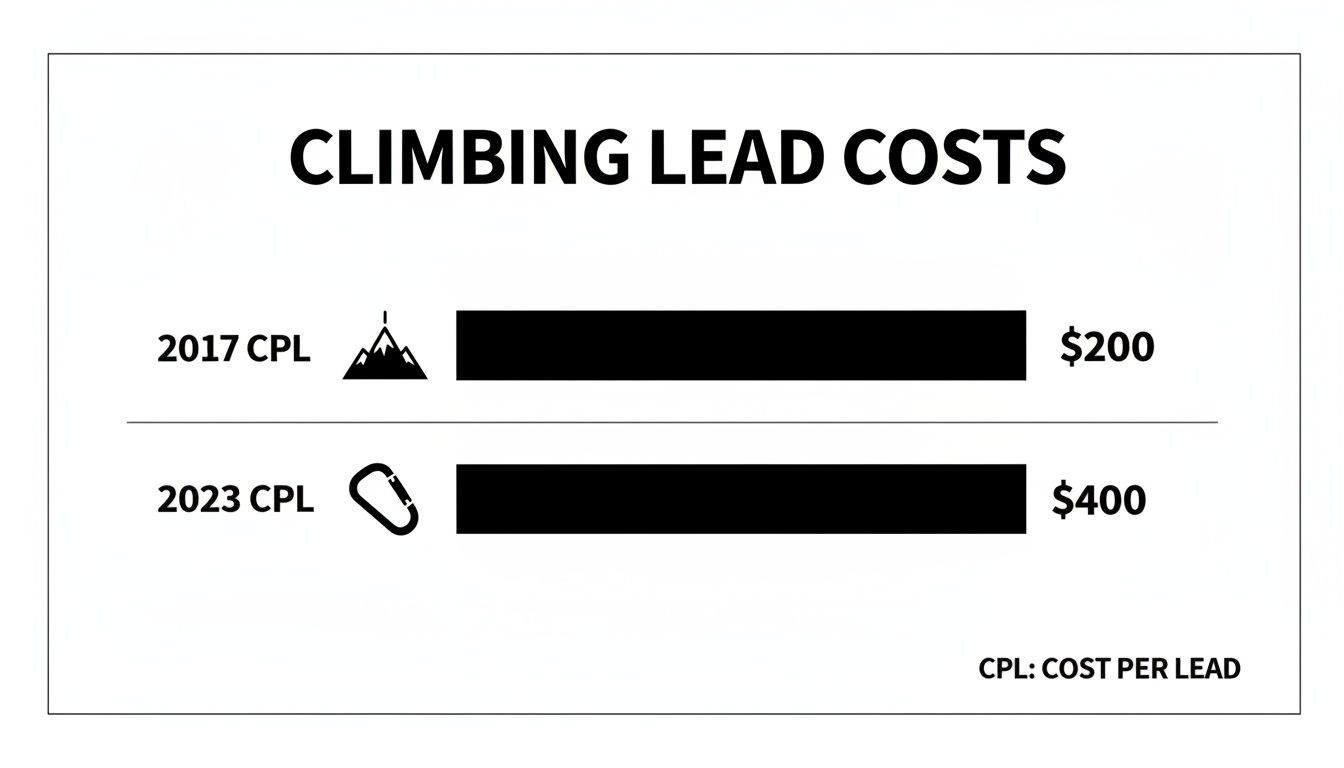 A bar chart showing climbing lead costs increasing from $200 in 2017 to $400 in 2023.