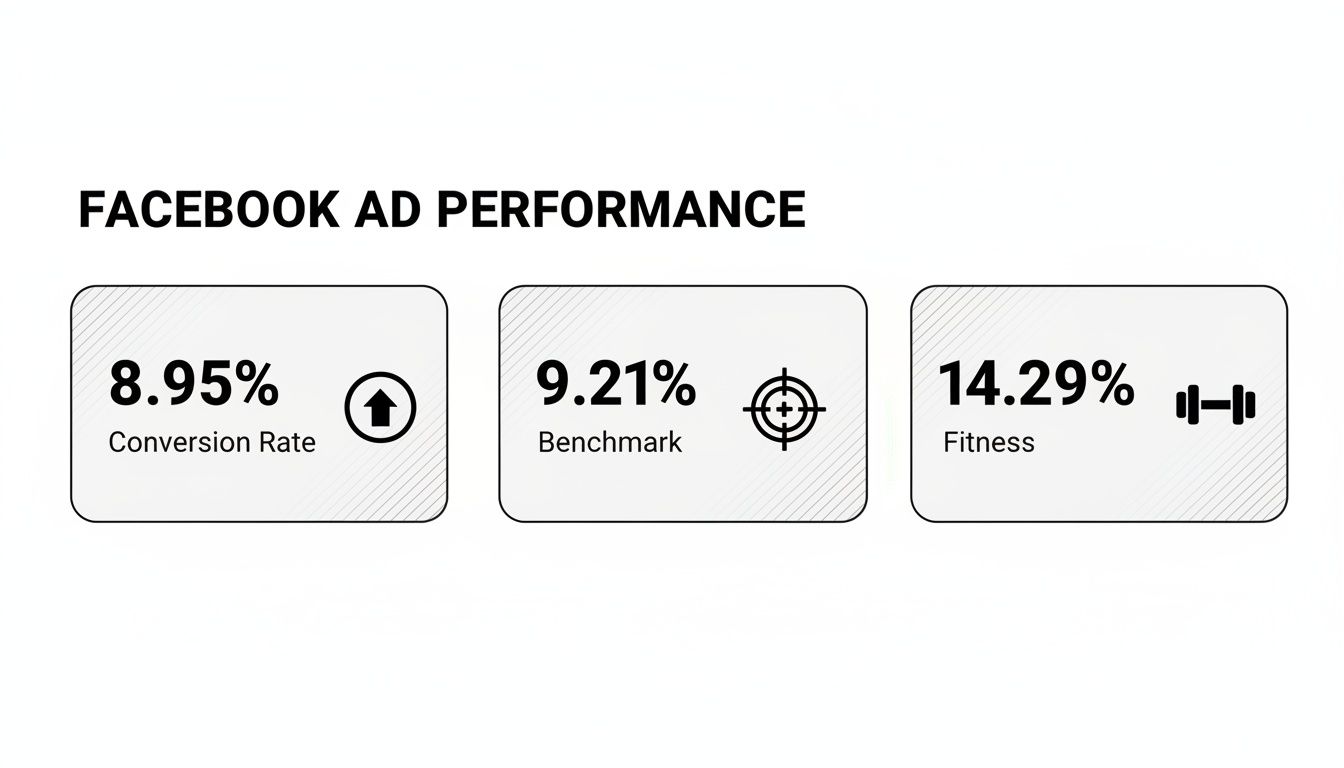 Facebook ad performance data showing conversion rate, benchmark, and fitness percentages with icons.