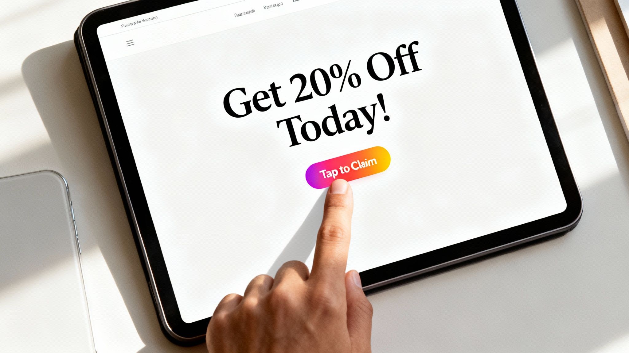 A hand taps a tablet screen displaying a 'Get 20% Off Today!' offer and 'Tap to Claim' button.