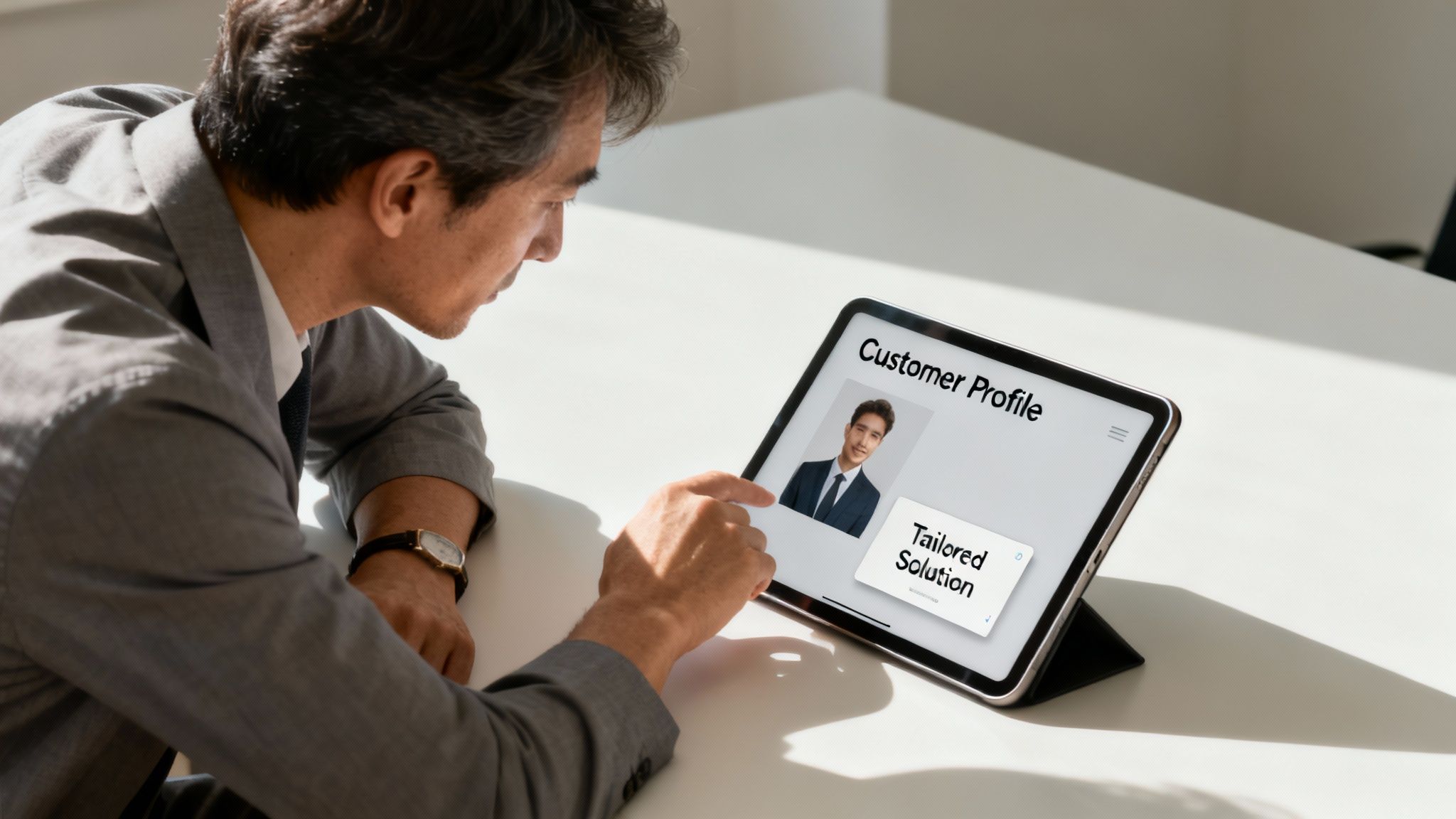 A businessman points at a tablet displaying a 'Customer Profile' and a 'Tailored Solution' notification.