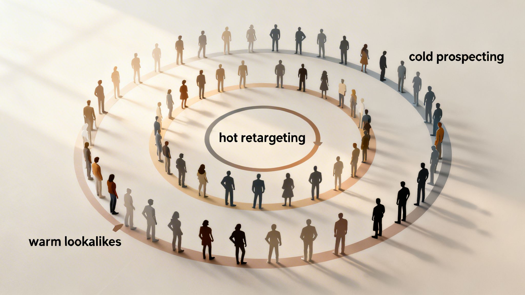 An illustrative marketing funnel showing customer segments for cold prospecting, warm lookalikes, and hot retargeting.