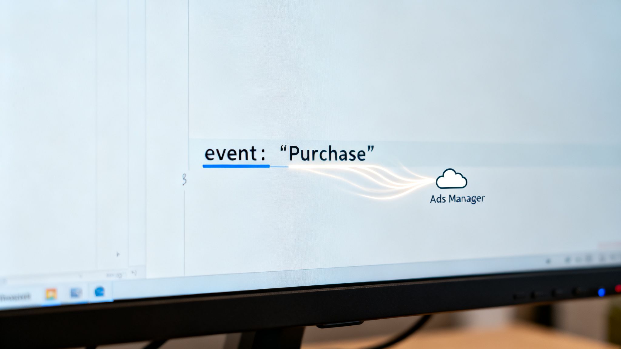 A computer screen showing 'event: "Purchase"' connected by glowing lines to 'Ads Manager' cloud icon.