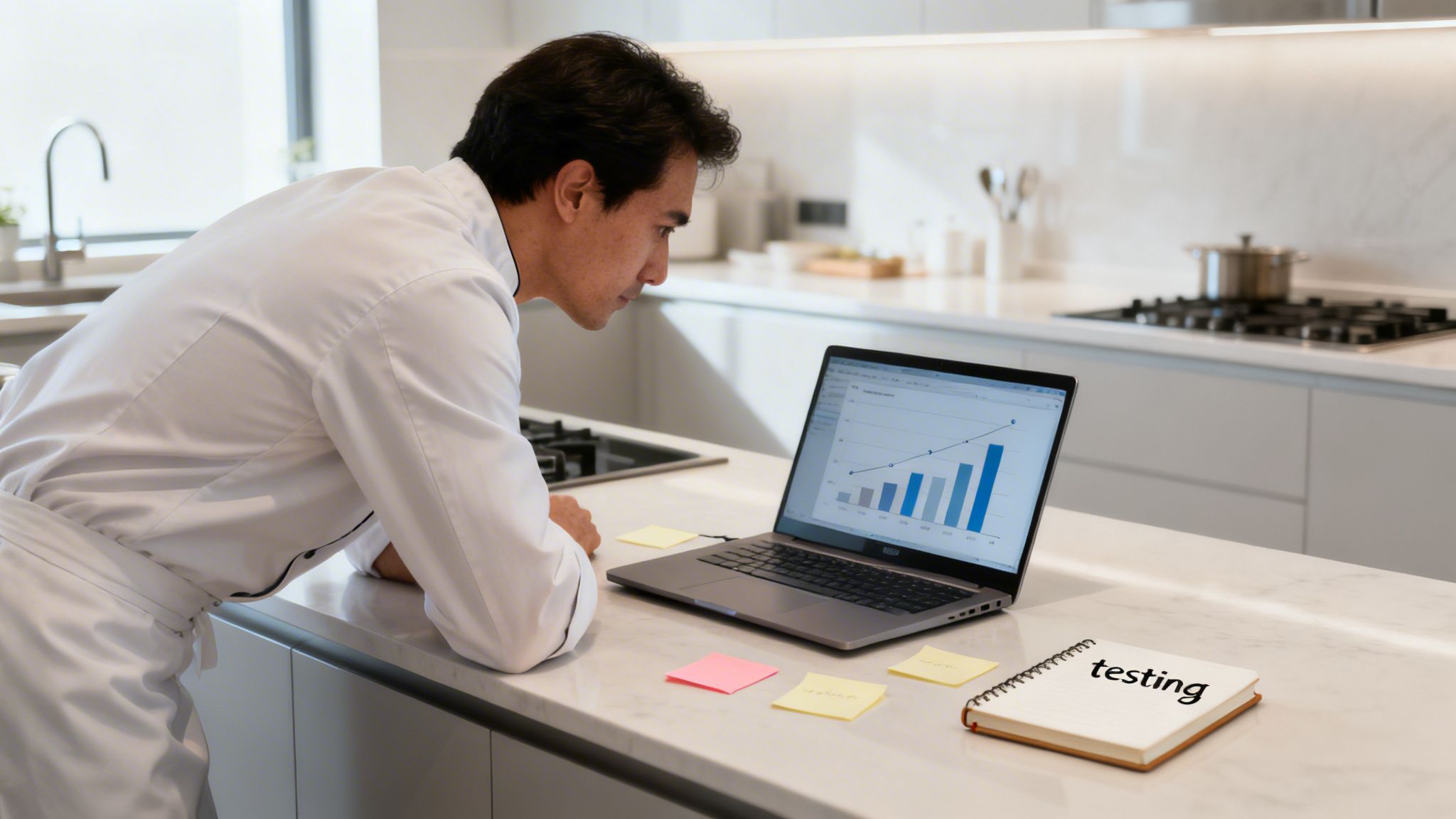 A chef in a white uniform intently studies data charts on a laptop in a modern kitchen.
