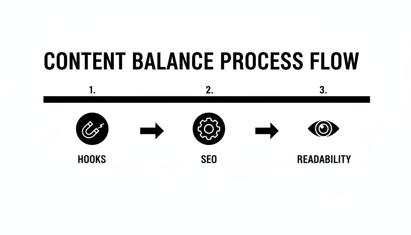 A content balance process flow diagram showing three steps: Hooks, SEO, and Readability, with icons.