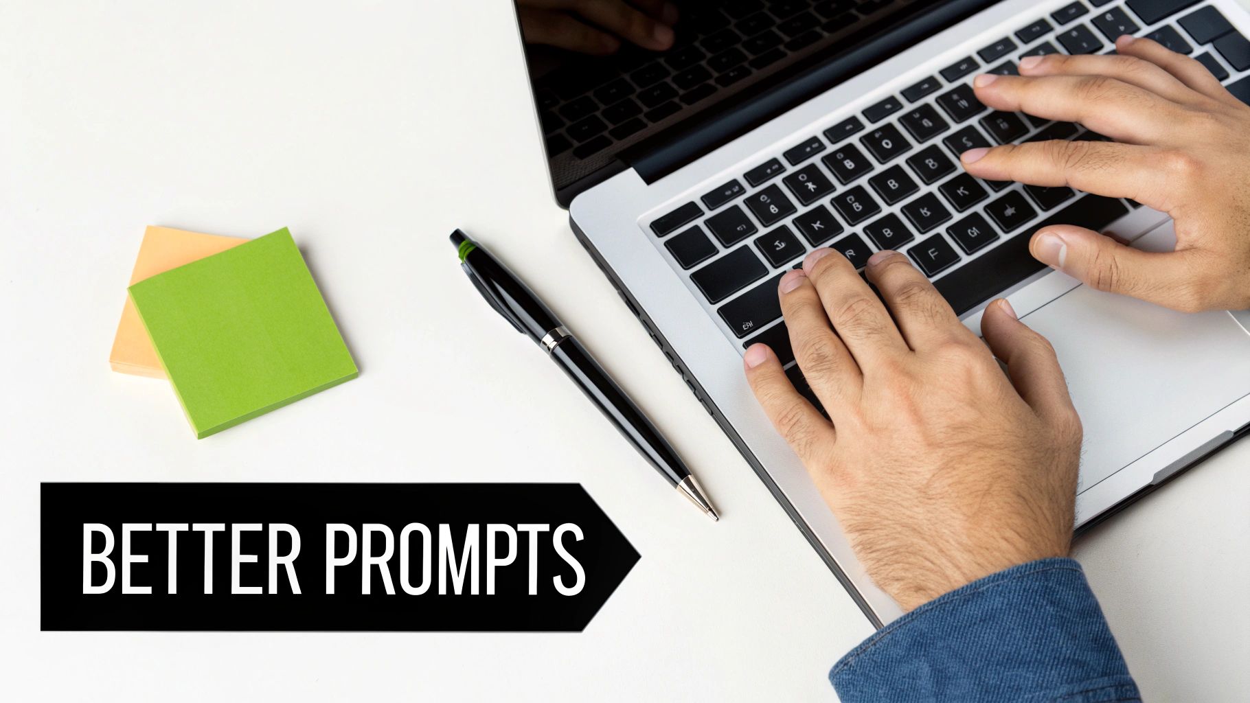Hands typing on a laptop keyboard with a pen and sticky notes on a white desk, 'BETTER PROMPTS' text.