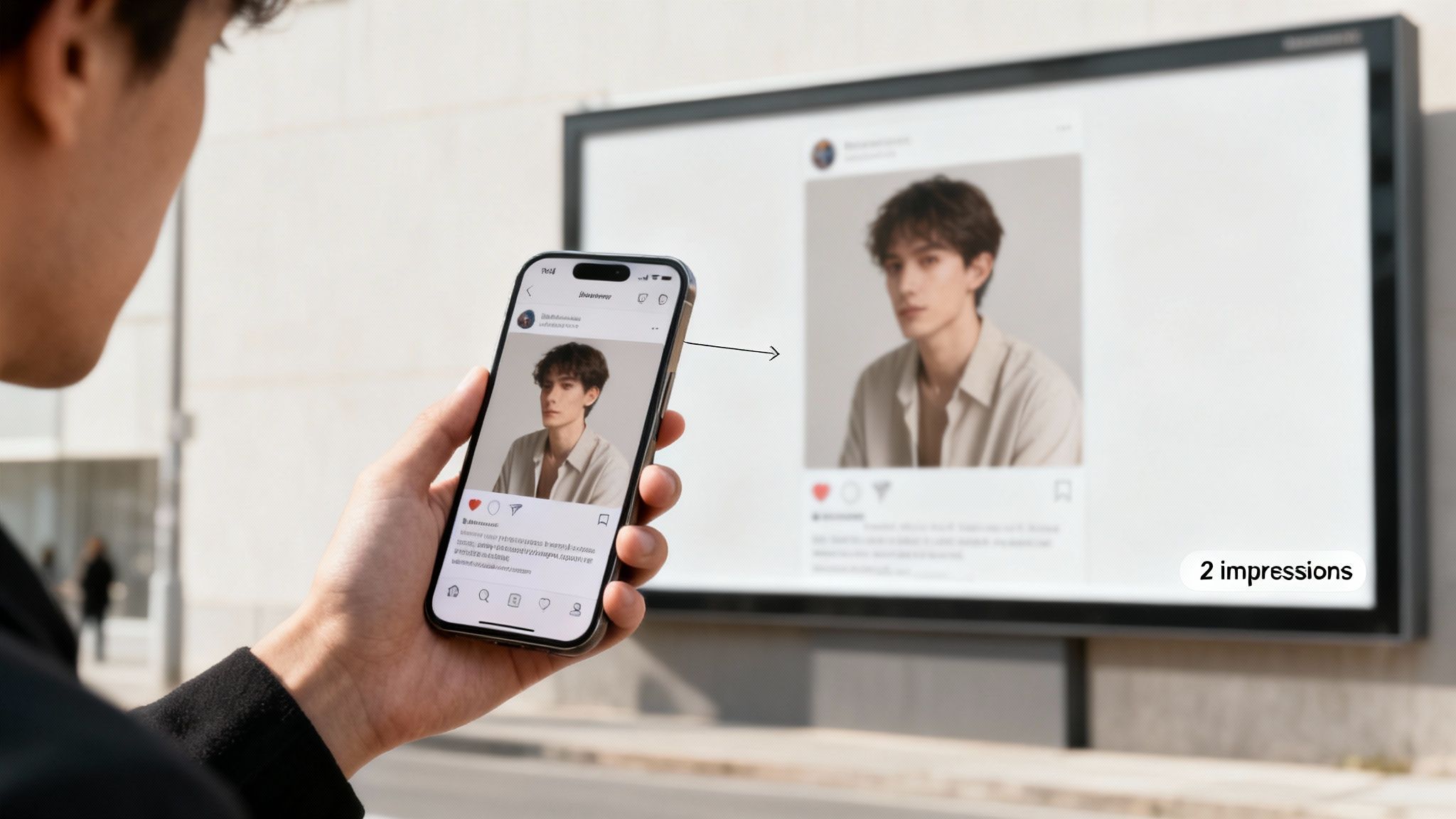 A person holding a smartphone showing an Instagram post, mirrored on a large outdoor digital screen, illustrating 2 impressions.