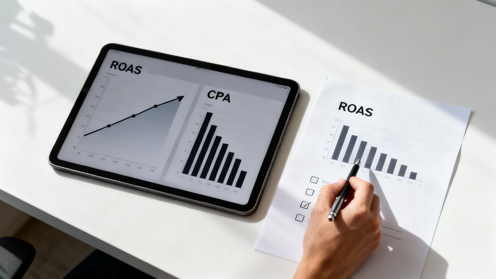 Overhead view of a person analyzing ROAS and CPA data on a tablet and printed report.