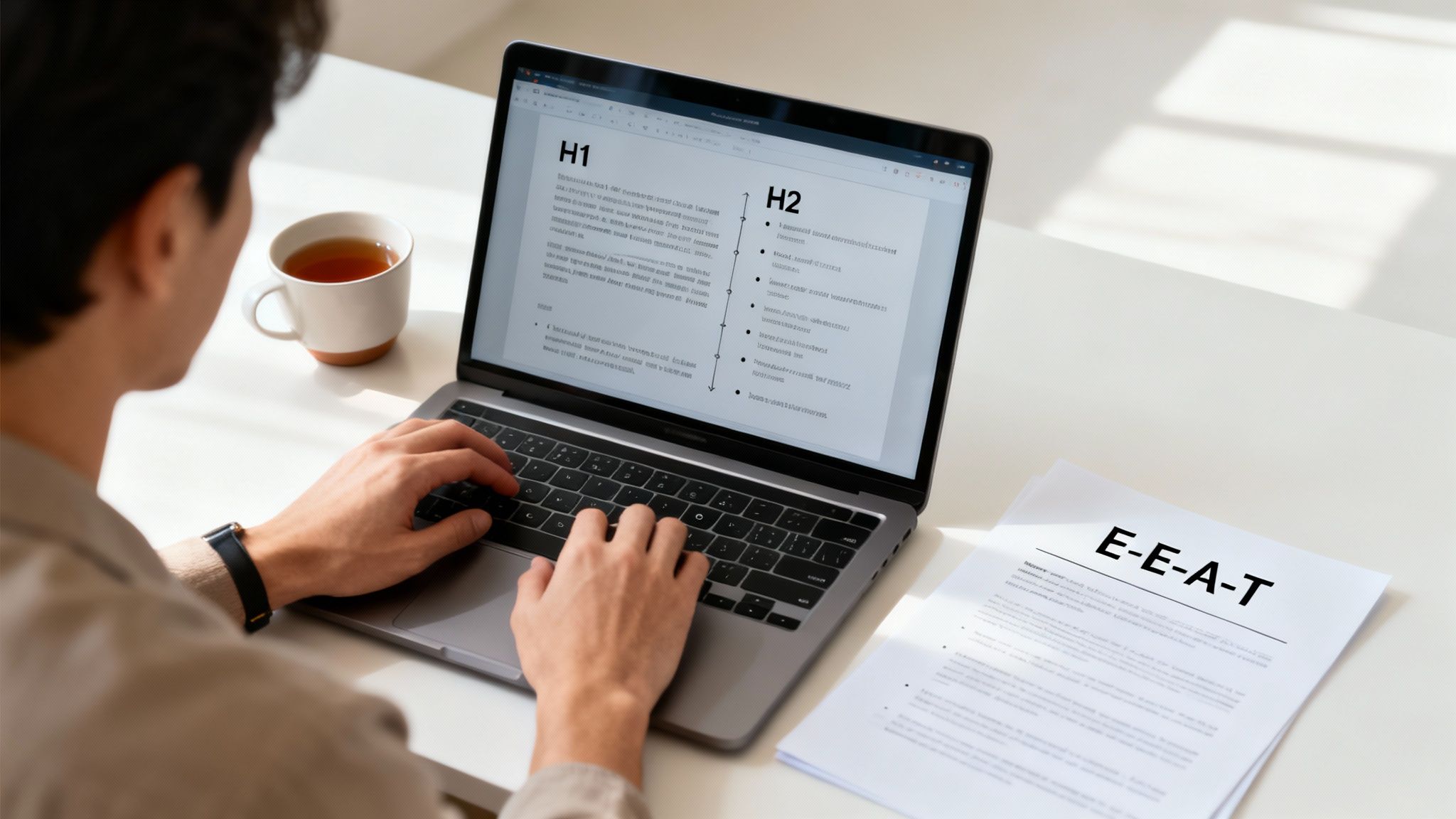 Person typing on laptop, working on a document about E-E-A-T for SEO.