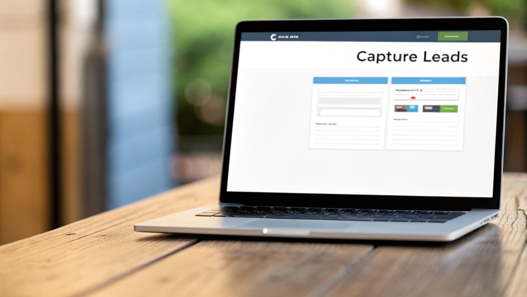 A silver laptop on a wooden table displays a 'Capture Leads' web page with form input fields.
