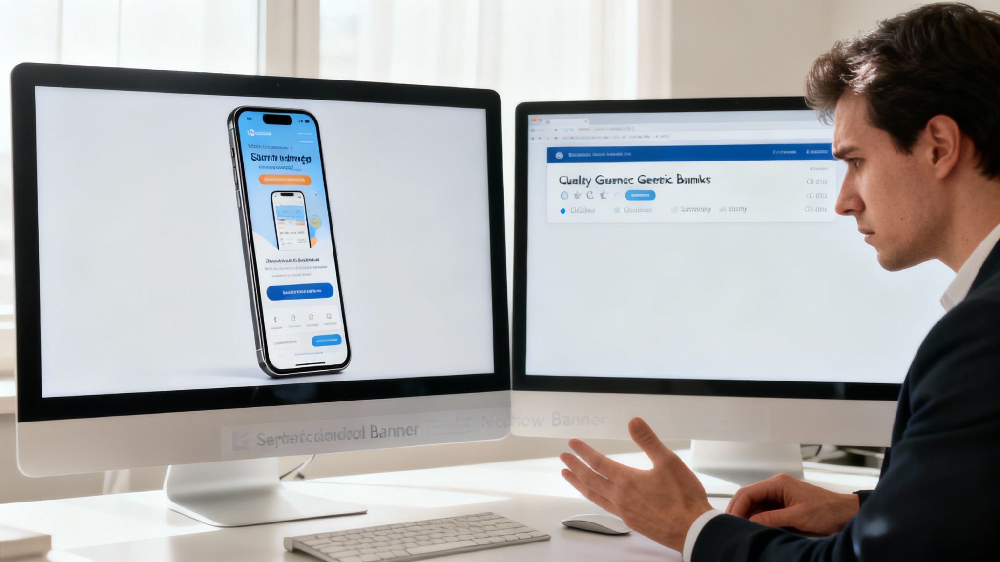 A man in a suit looks intently at two computer monitors displaying app and web content.
