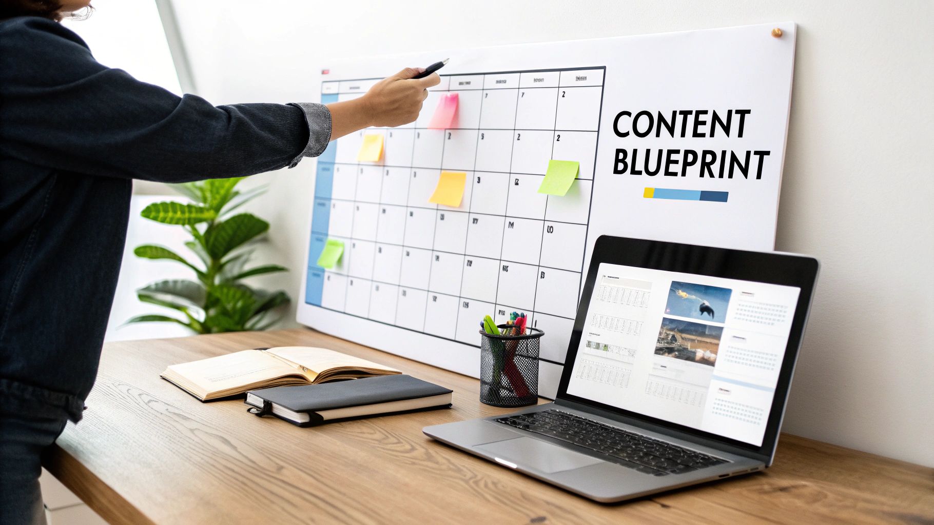 A hand points at a large 'Content Blueprint' calendar with colorful sticky notes, next to a laptop.