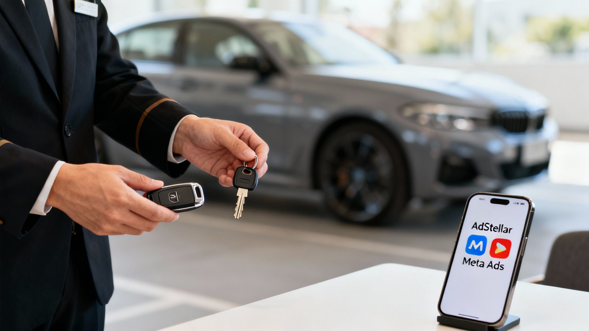 A valet hands car keys near a luxury car, with a smartphone displaying digital ad platforms.