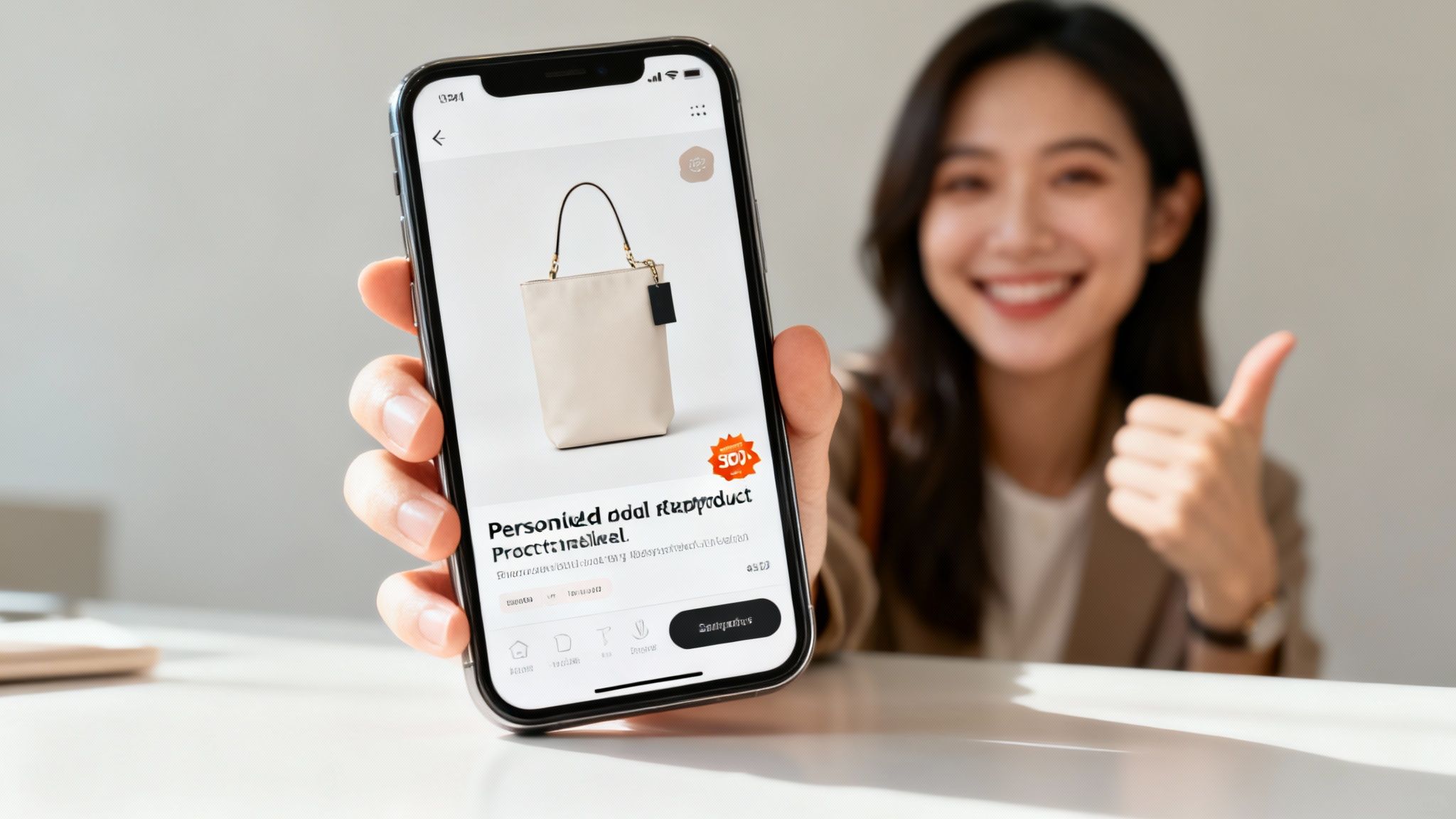 A smiling woman holds a smartphone showing a handbag product page with a 30% discount, giving a thumbs-up.