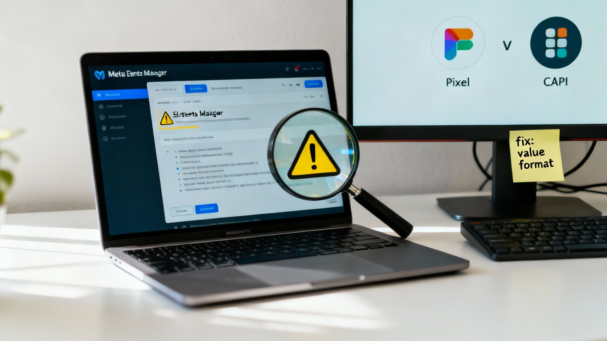 Laptop displaying Meta Event Manager with an error, monitor showing Pixel vs CAPI, and a 'fix: value format' note.