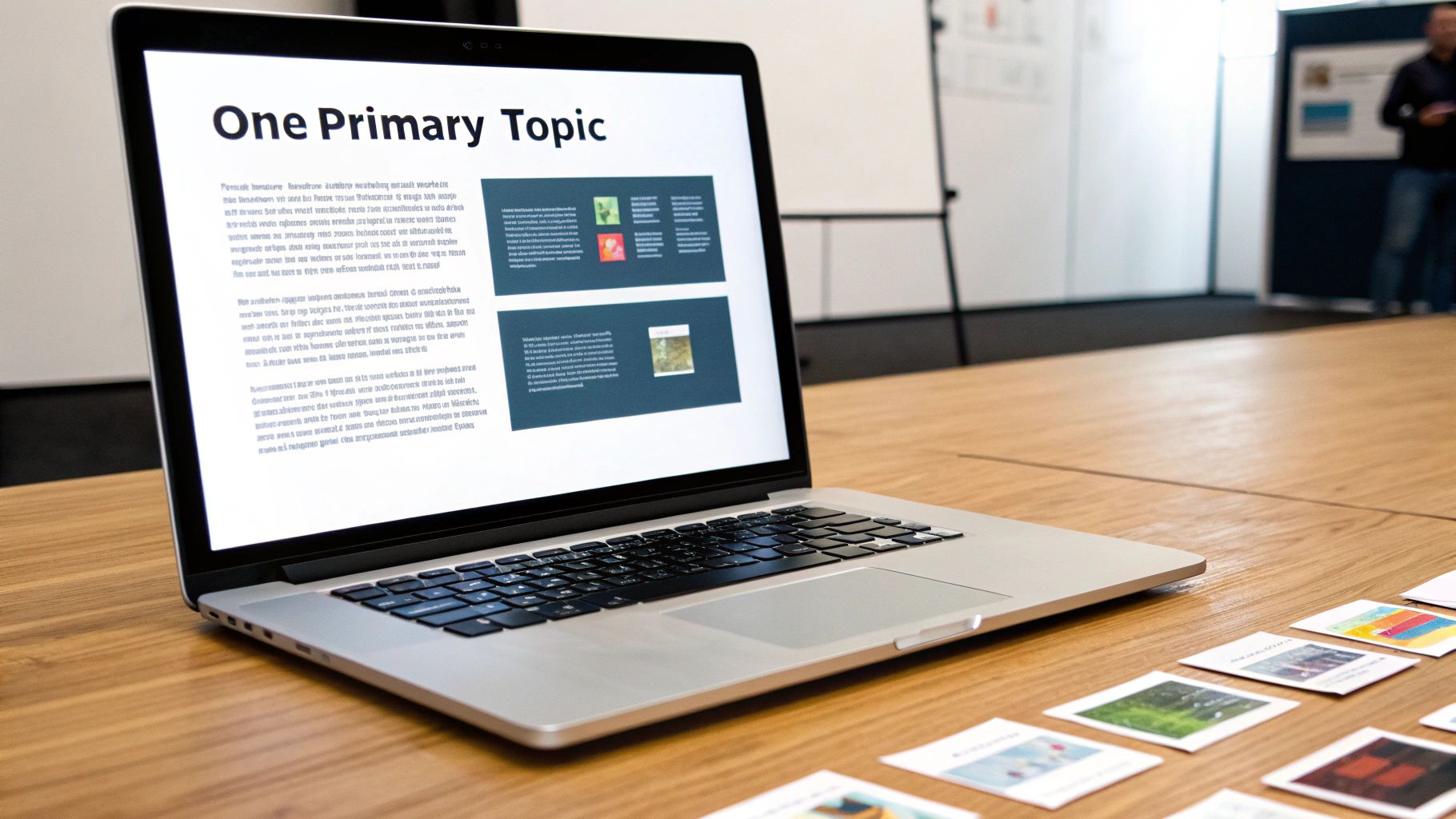 A laptop displaying a presentation slide titled 'One Primary Topic' on a wooden desk with small image cards.