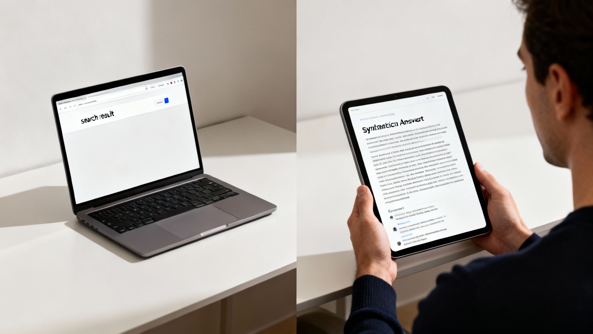 A laptop displays a search result page, while a person reads an AI-generated answer on a tablet.