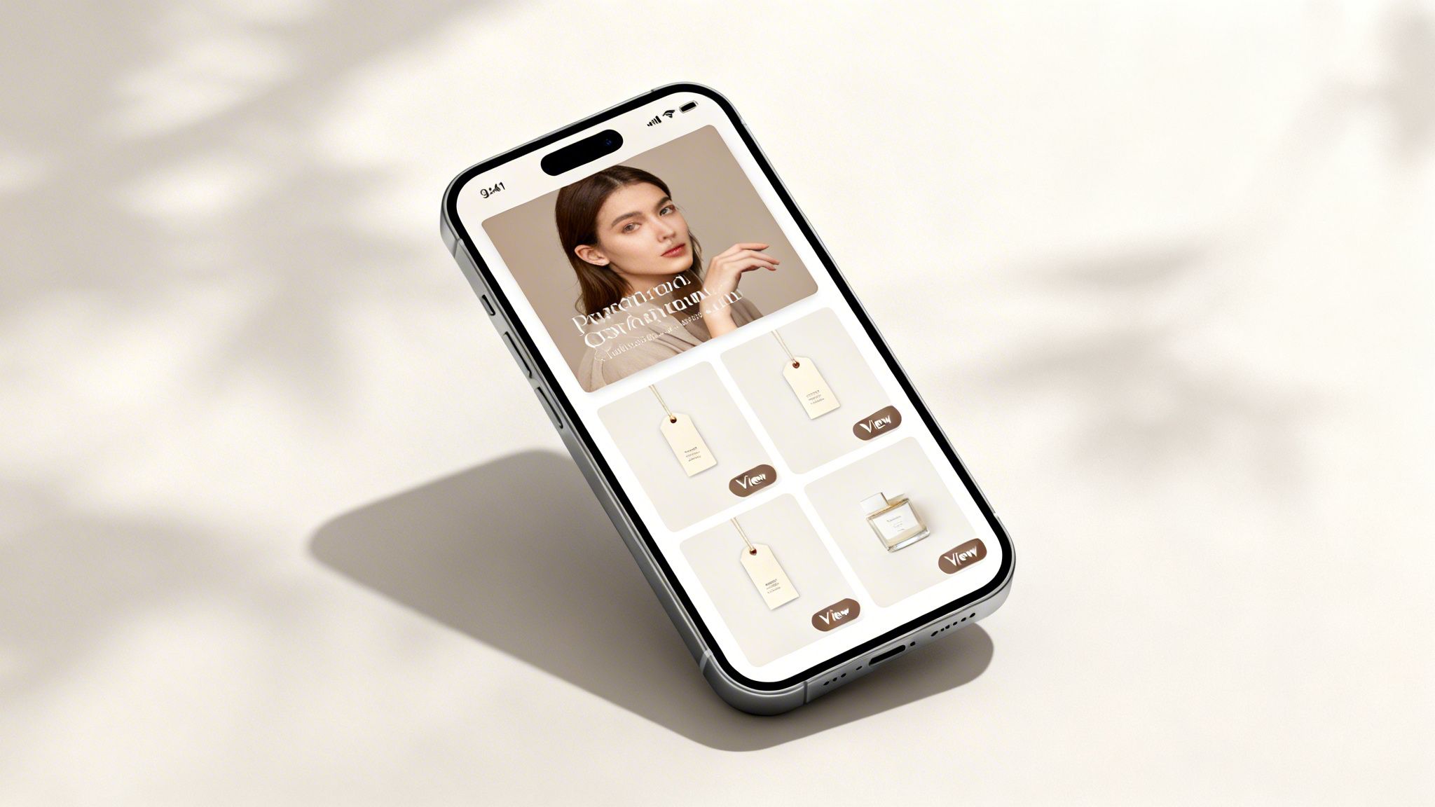 A modern smartphone displaying a minimalist perfume e-commerce app with product cards and a woman's portrait.