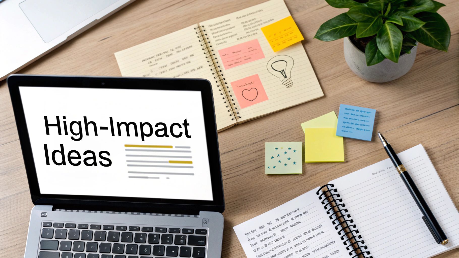 A flat lay of a wooden desk with a laptop showing 'High-Impact Ideas', notebooks, sticky notes, and a plant.