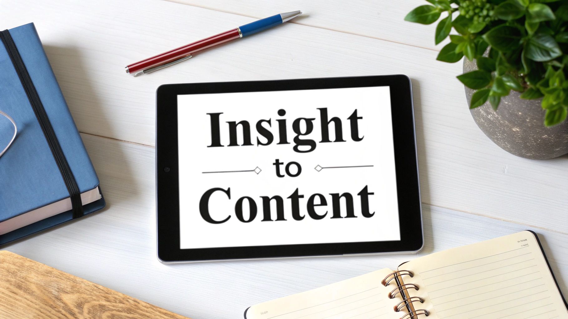 A top-down view of a desk with a tablet displaying 'Insight to Content', notebooks, a pen, and a green plant.