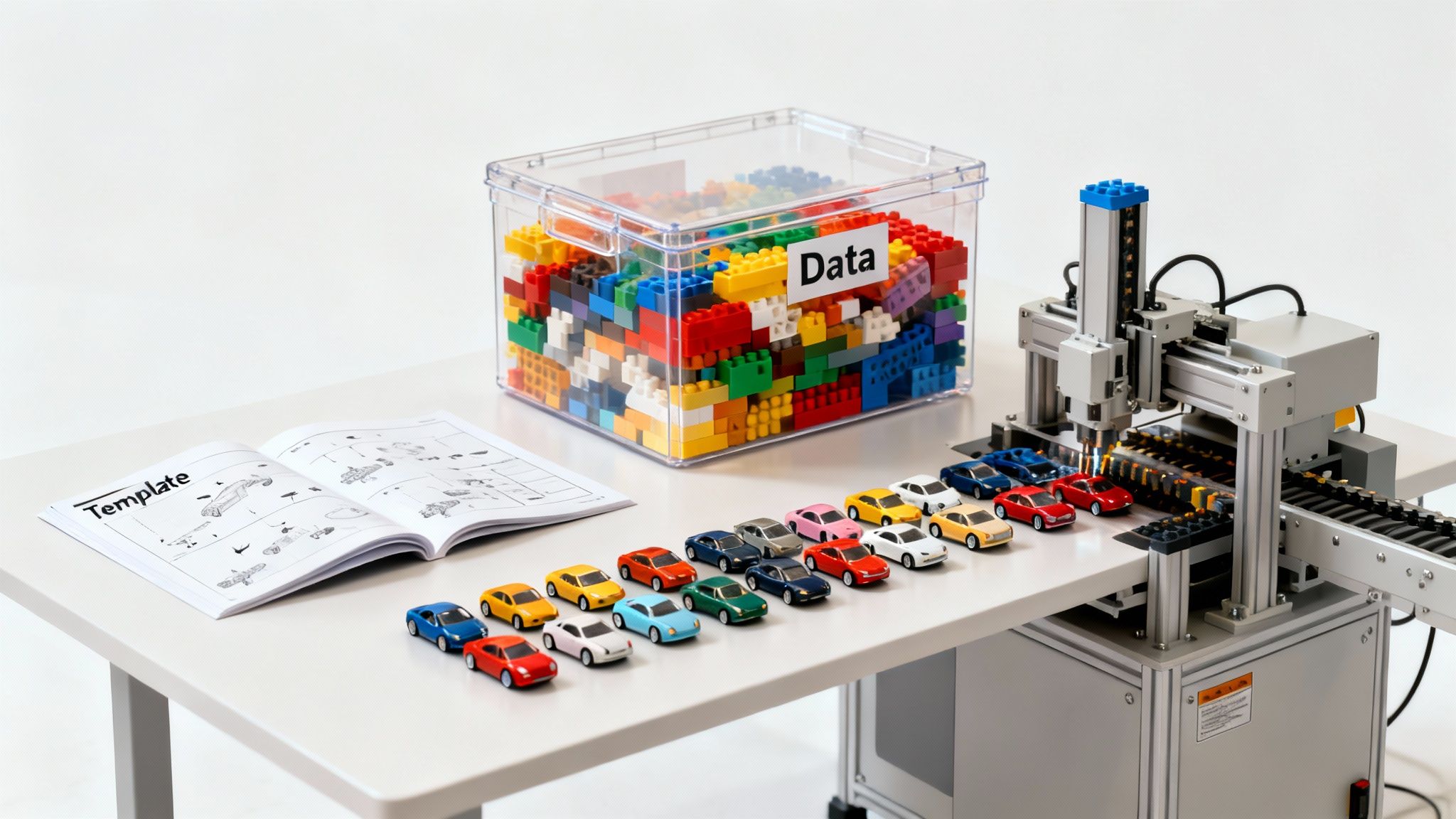 A conceptual image showing a robotic arm building cars using a template and data, illustrating programmatic automation.