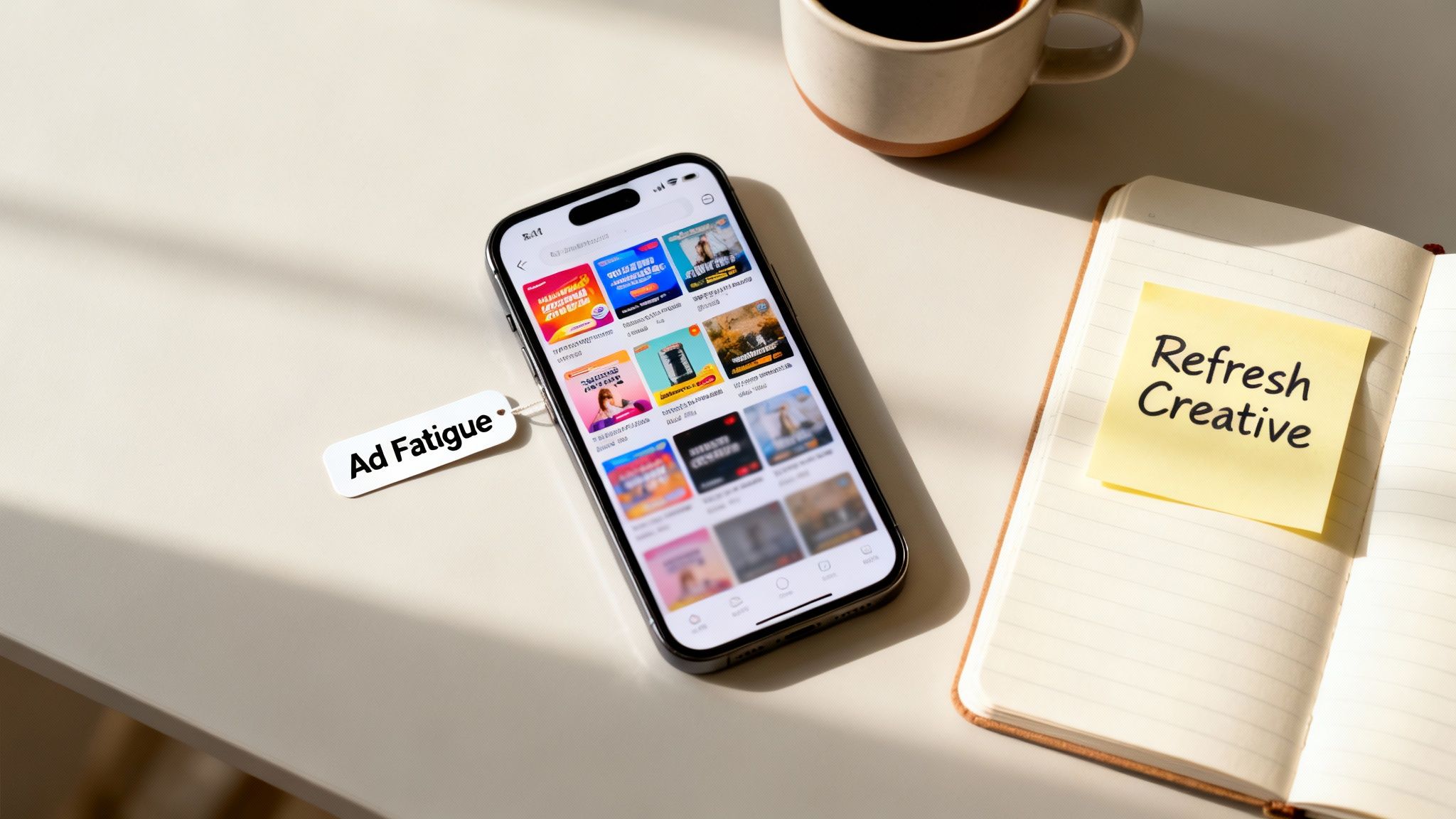 A smartphone displaying many ads, an 'Ad Fatigue' tag, and a 'Refresh Creative' note next to coffee.