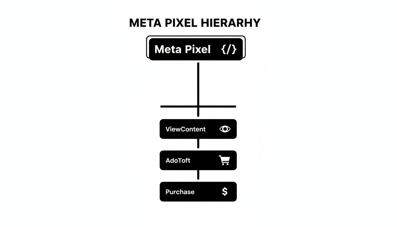 A hierarchy diagram illustrating Meta Pixel events: ViewContent, AddToCart, and Purchase, used for tracking.