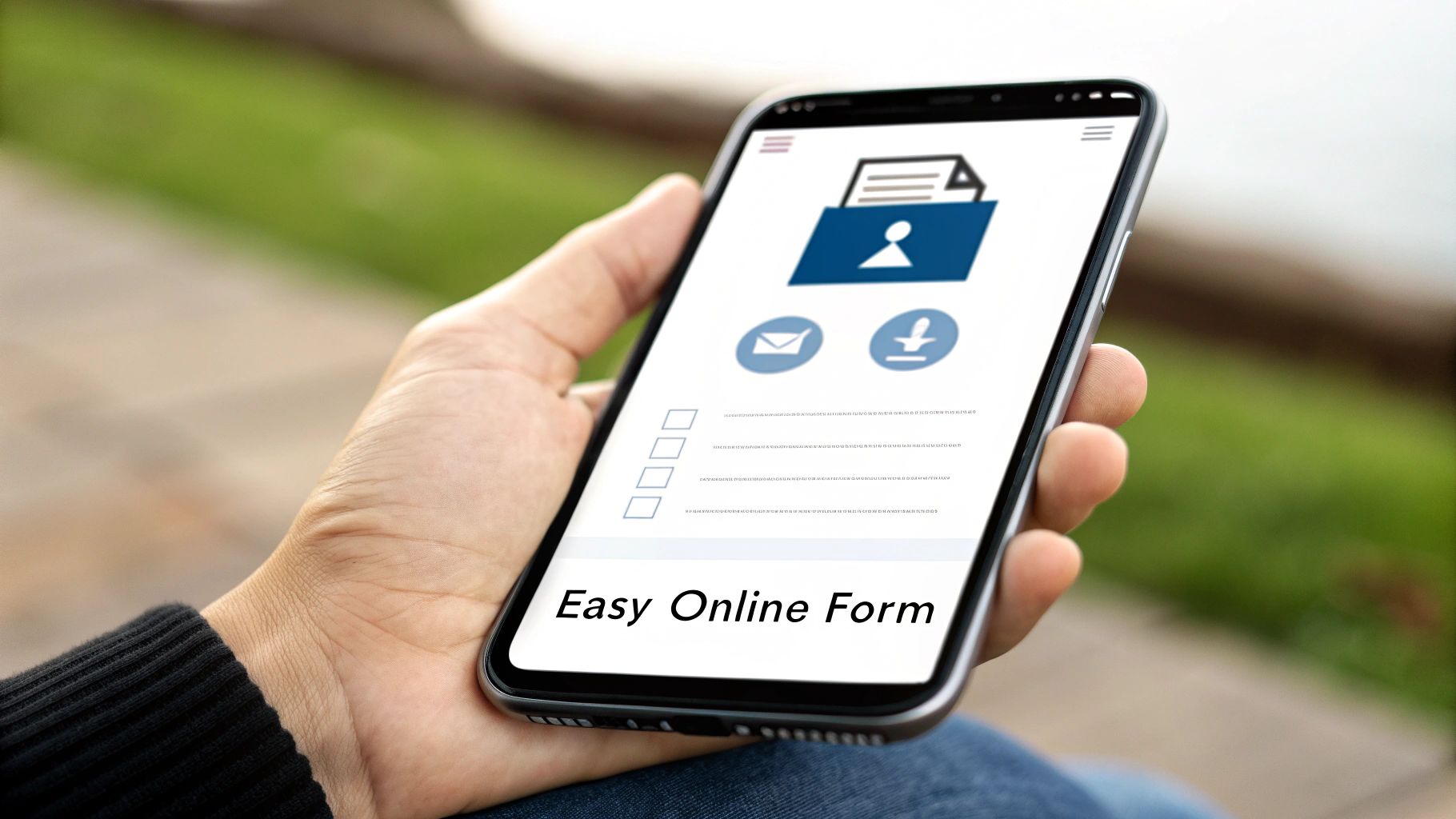 A hand holds a smartphone displaying an 'Easy Online Form' with icons for documents and actions.