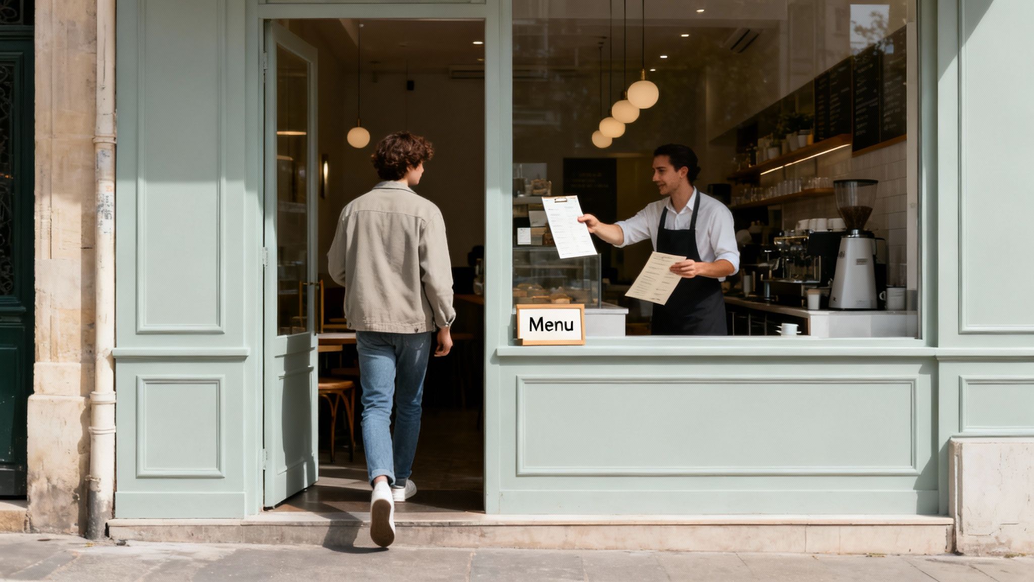 A customer enters a modern cafe with a light green facade, greeted by a smiling barista holding menus.