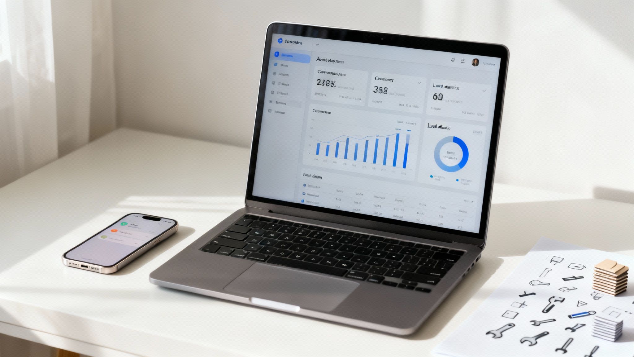 A sleek laptop showing a business dashboard, a smartphone, and design papers on a clean white desk.