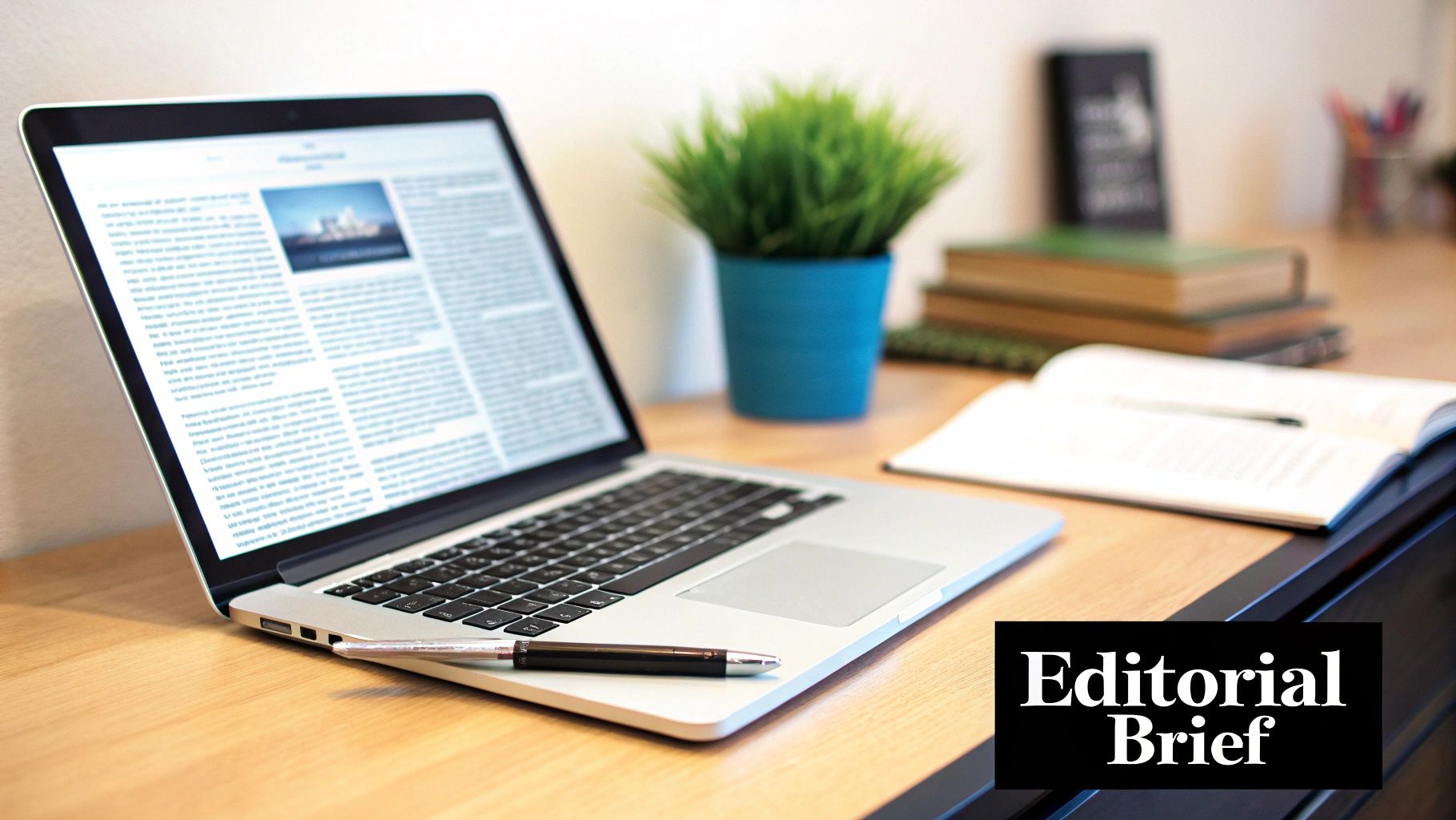 A laptop on a wooden desk with an article displayed, alongside books, a plant, and a notebook for content creation.