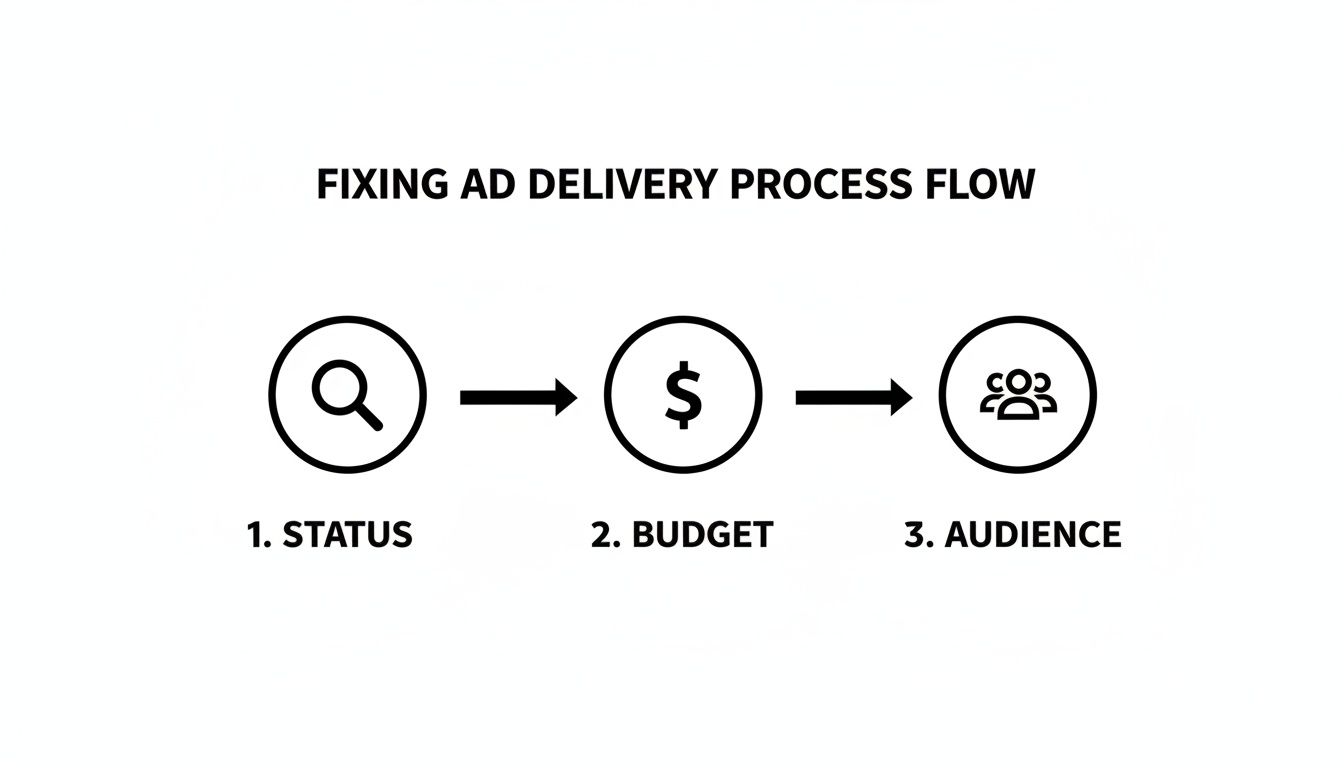 A process flow diagram titled 'Fixing Ad Delivery Process Flow' showing steps: Status, Budget, Audience.