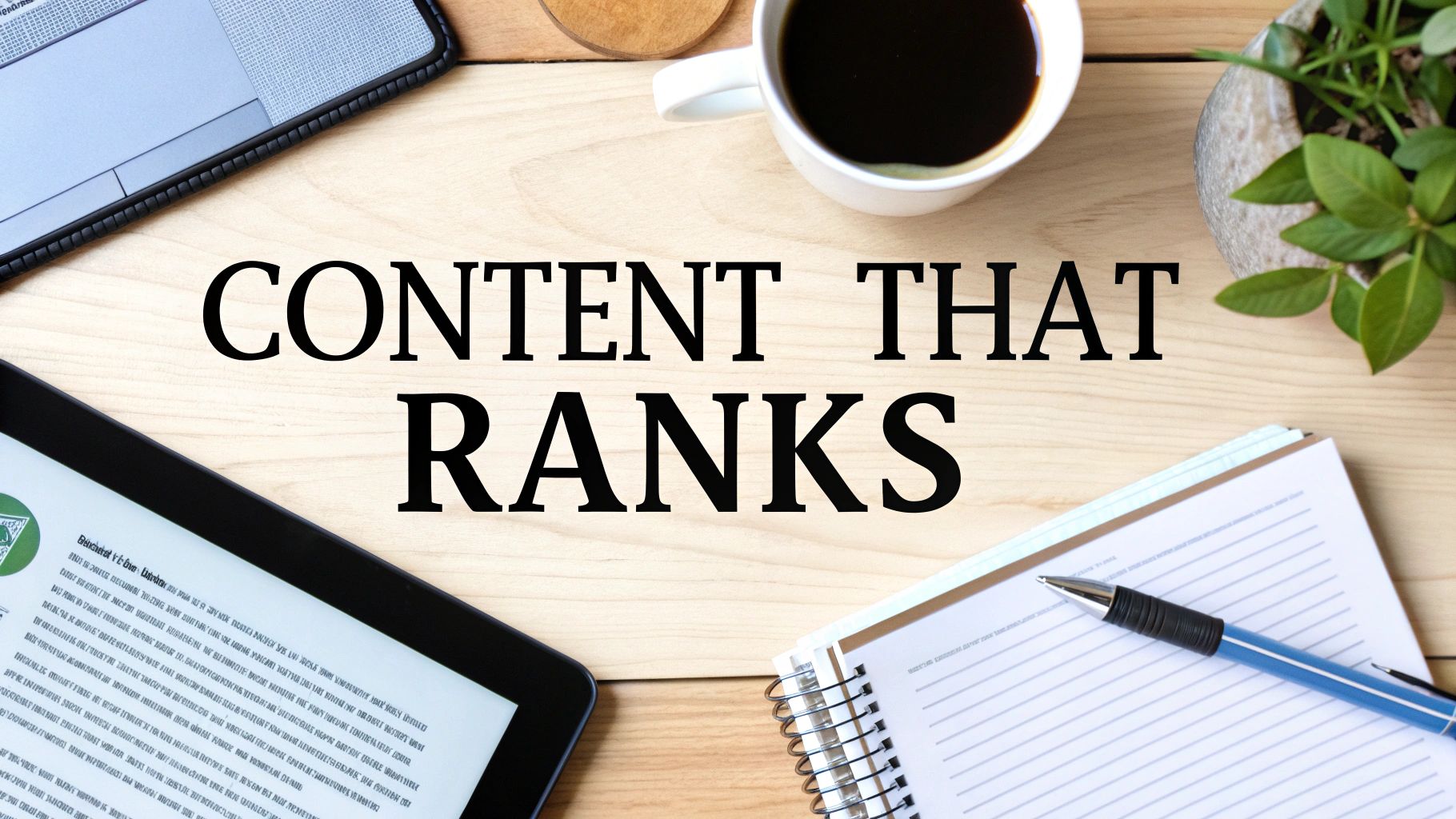 A flat lay image of a workspace with a laptop, tablet, coffee, plant, and a notebook with the text 'CONTENT THAT RANKS'.