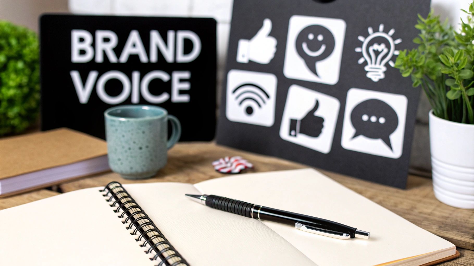 A desk with a 'BRAND VOICE' sign, social media icons, and a notebook for content creation.