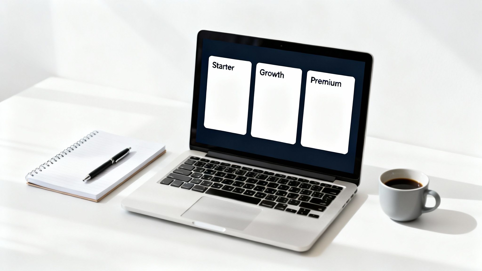 A laptop displaying three pricing plan cards: Starter, Growth, and Premium, on a white desk with a notebook and coffee.
