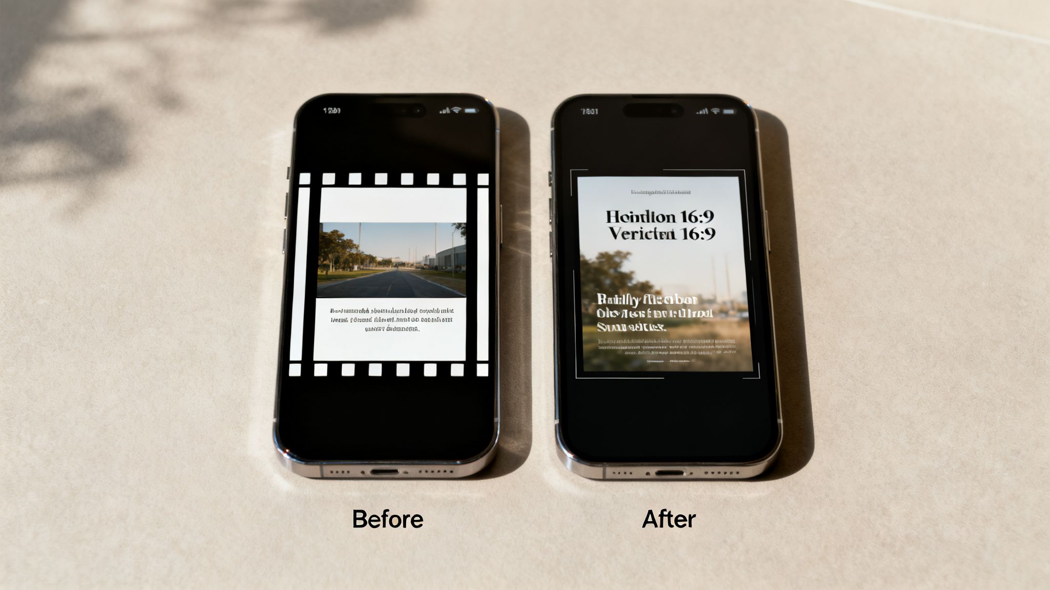 Side-by-side iPhones comparing video ad dimensions: 'Before' with film strip borders and 'After' with full-screen optimization.