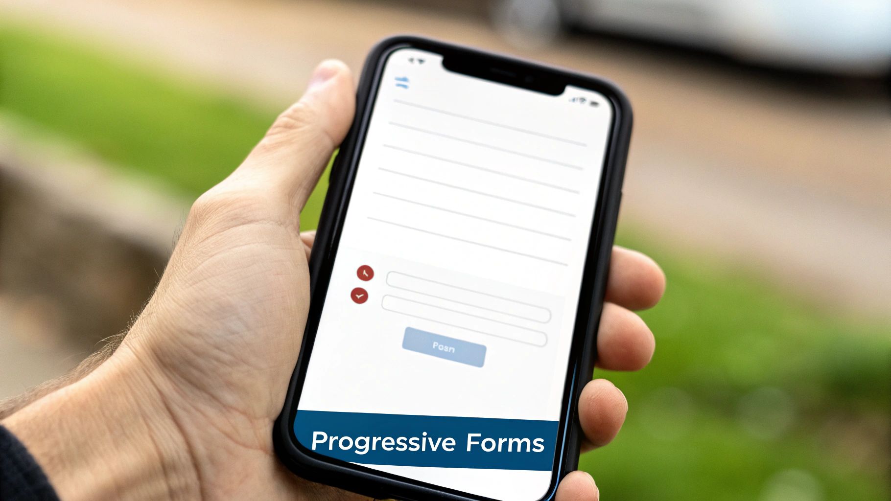 A hand holds a smartphone displaying a 'Progressive Forms' application with input fields and a 'Posn' button outdoors.