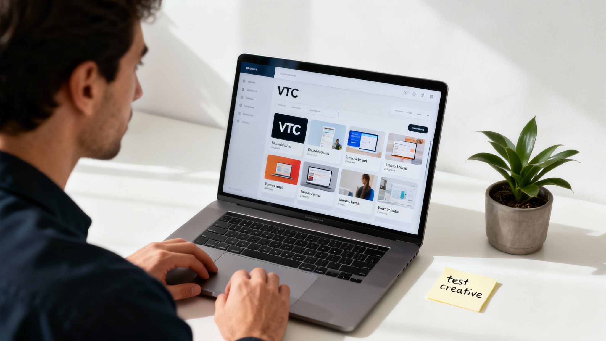 A man from behind uses a laptop displaying a website with VTC content, next to a plant.