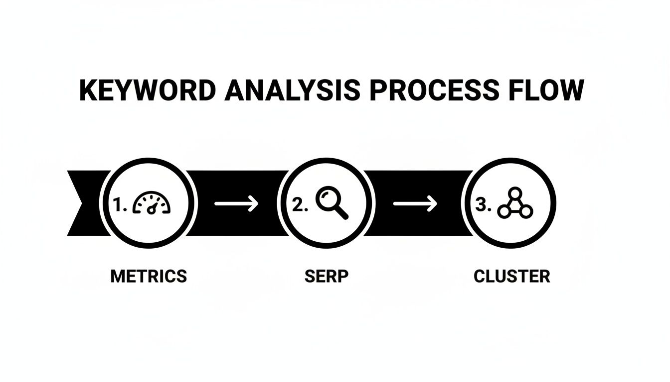 A diagram illustrating the keyword analysis process flow, including metrics, SERP, and cluster steps.