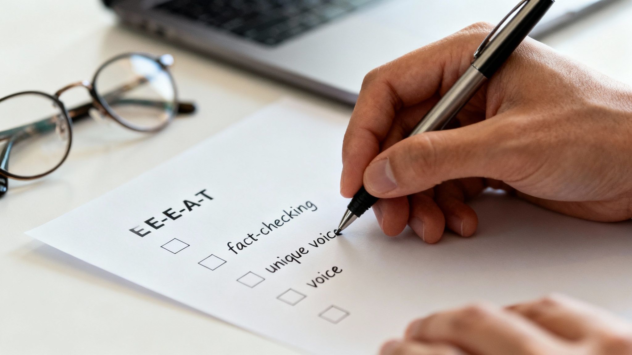 A quality control checklist with magnifying glasses and checkmarks, symbolizing the review of AI-generated text.