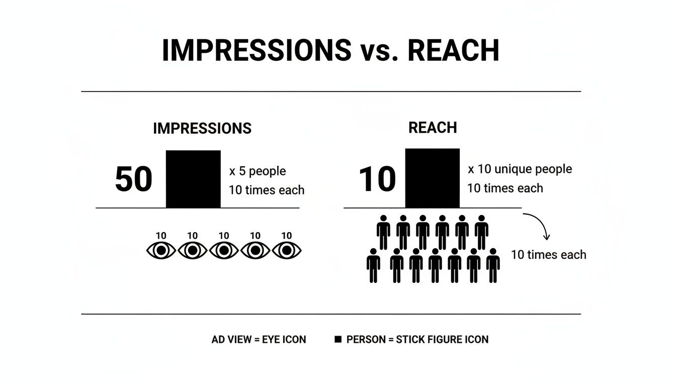 Infographic contrasting social media impressions (total views) with reach (unique viewers) using visual examples.