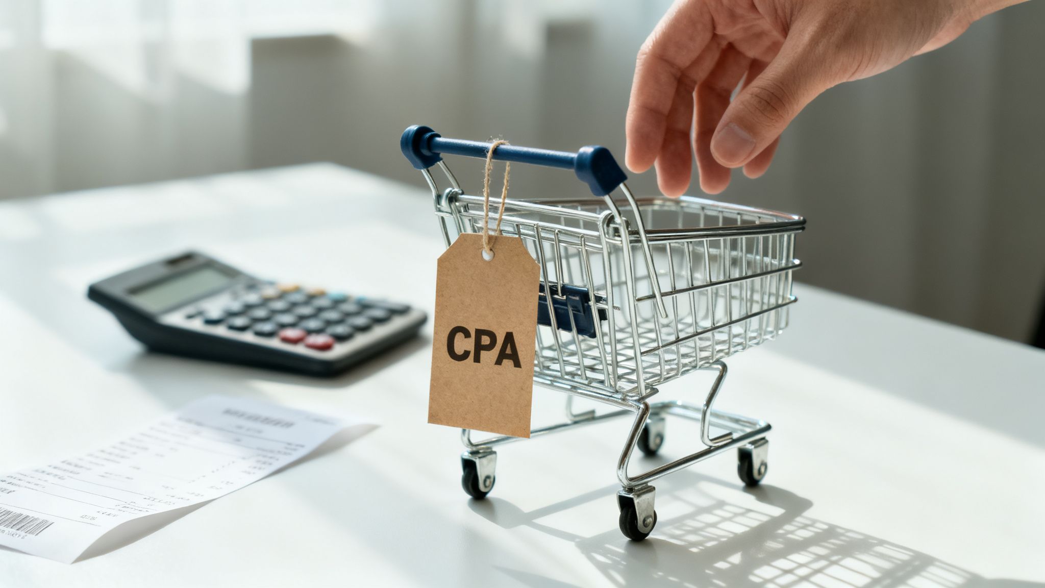 A hand reaches for a miniature shopping cart with a 'CPA' tag, calculator and receipt nearby.
