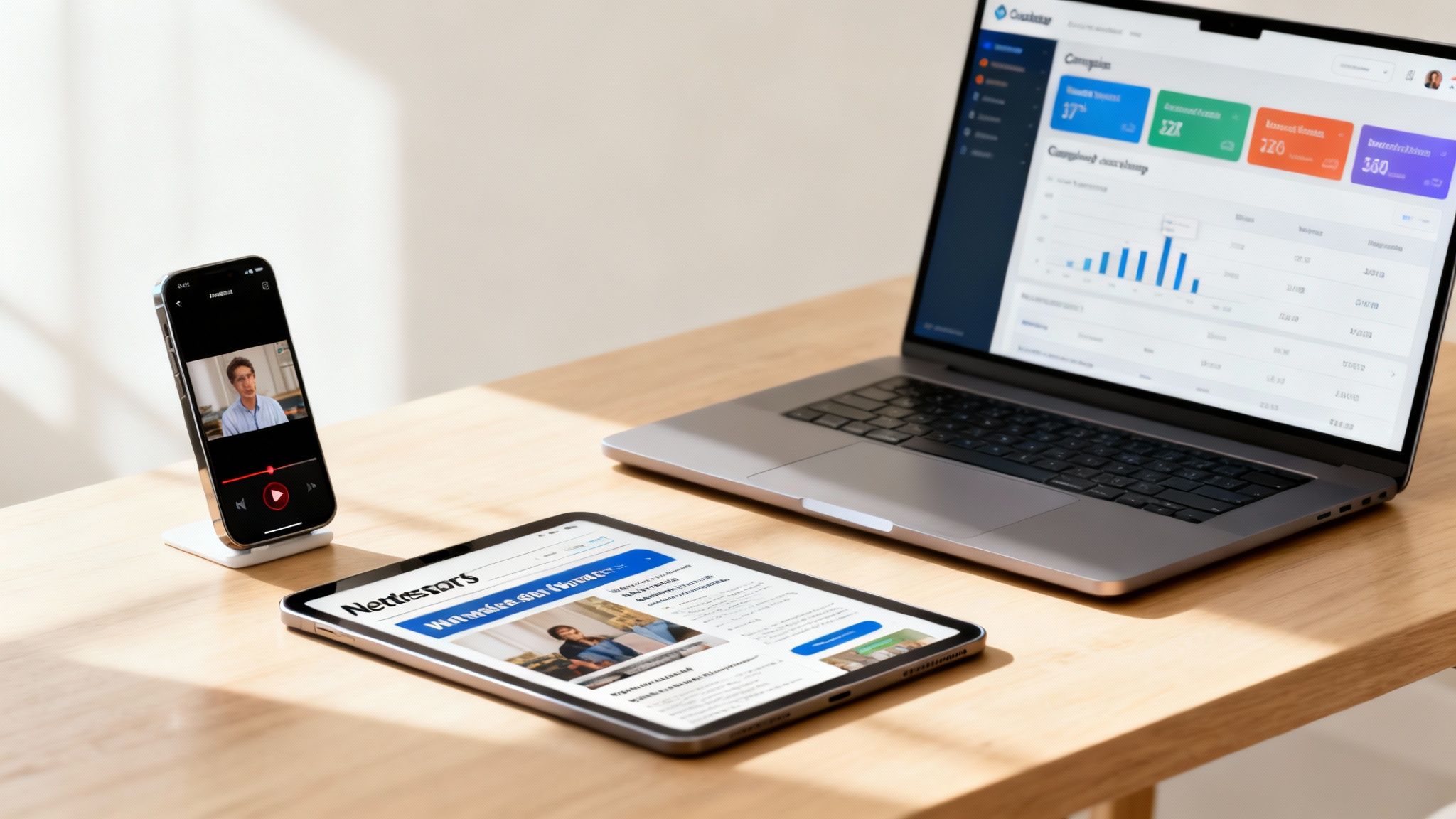 Digital devices, laptop, tablet, and smartphone, displaying various online content in a modern workspace.