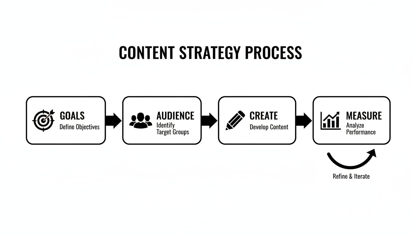 Content strategy process diagram outlining steps from goals and audience to creating and measuring performance, with iteration.