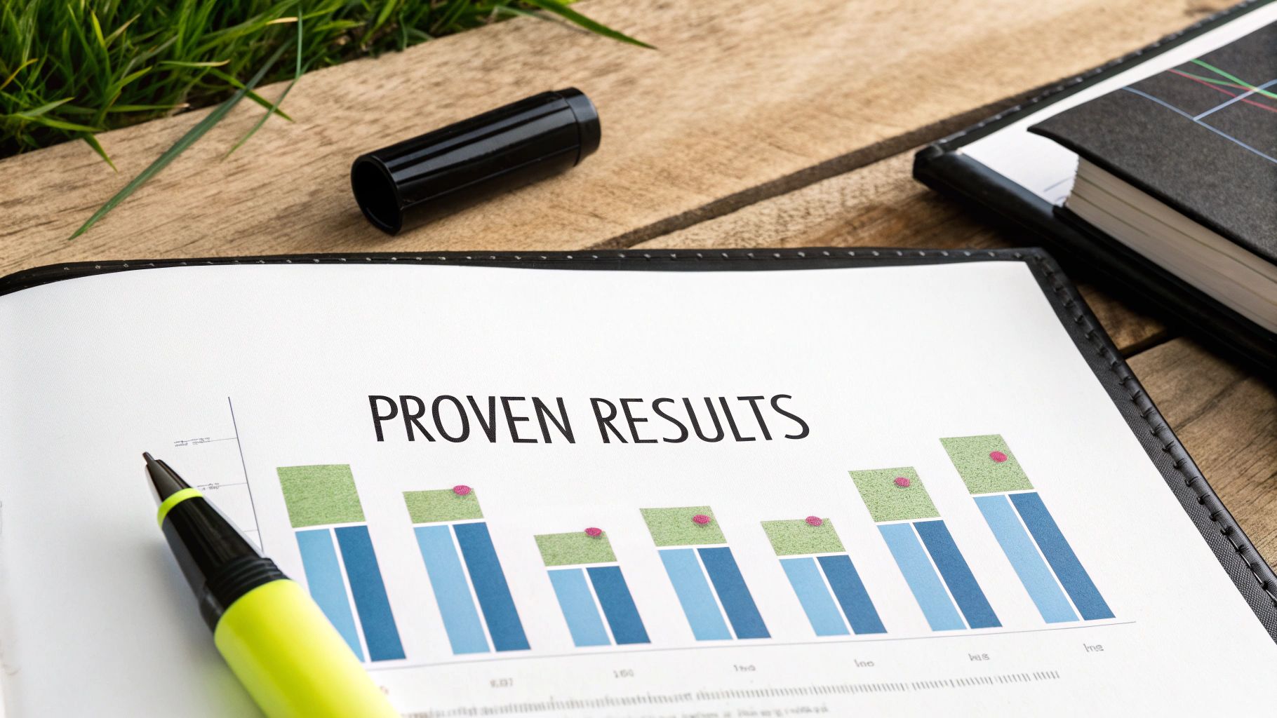 A document displaying a bar chart and the text 'PROVEN RESULTS' with a highlighter pen.