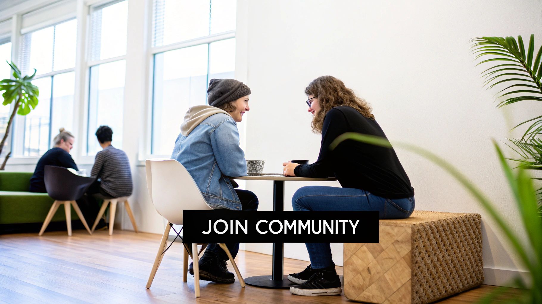 Two smiling individuals connect at a table in a bright office space, emphasizing community and collaboration.