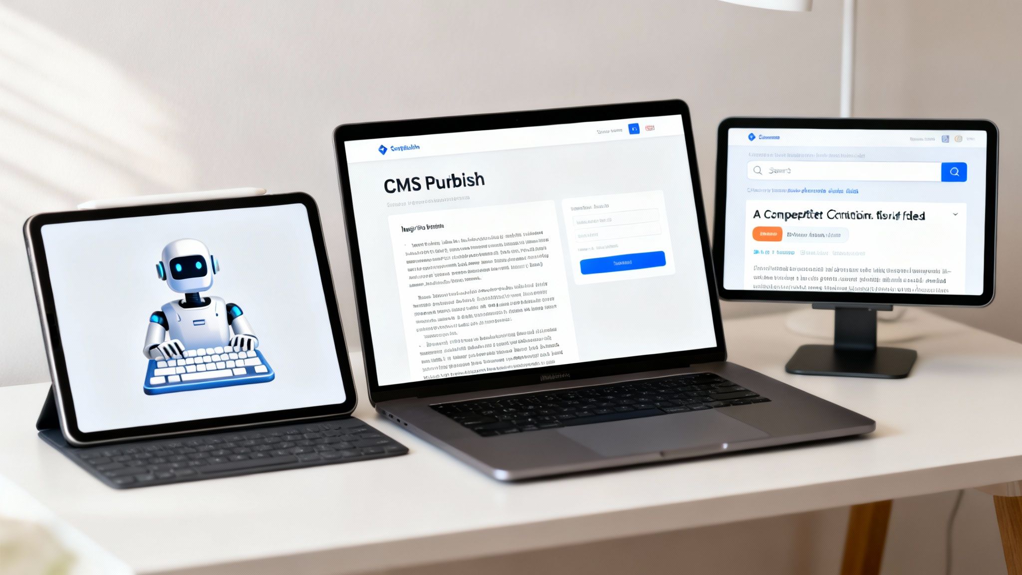 Three modern tech devices displaying AI and content management interfaces on a white desk.
