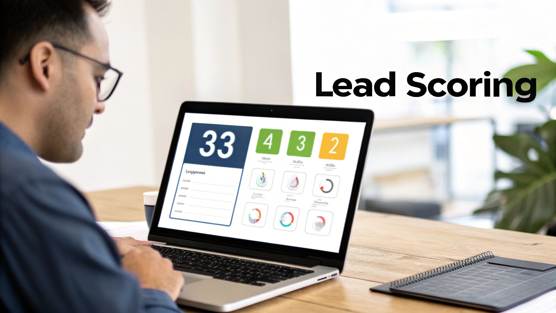 A person with glasses looks at a laptop displaying lead scoring data with numbers and charts.