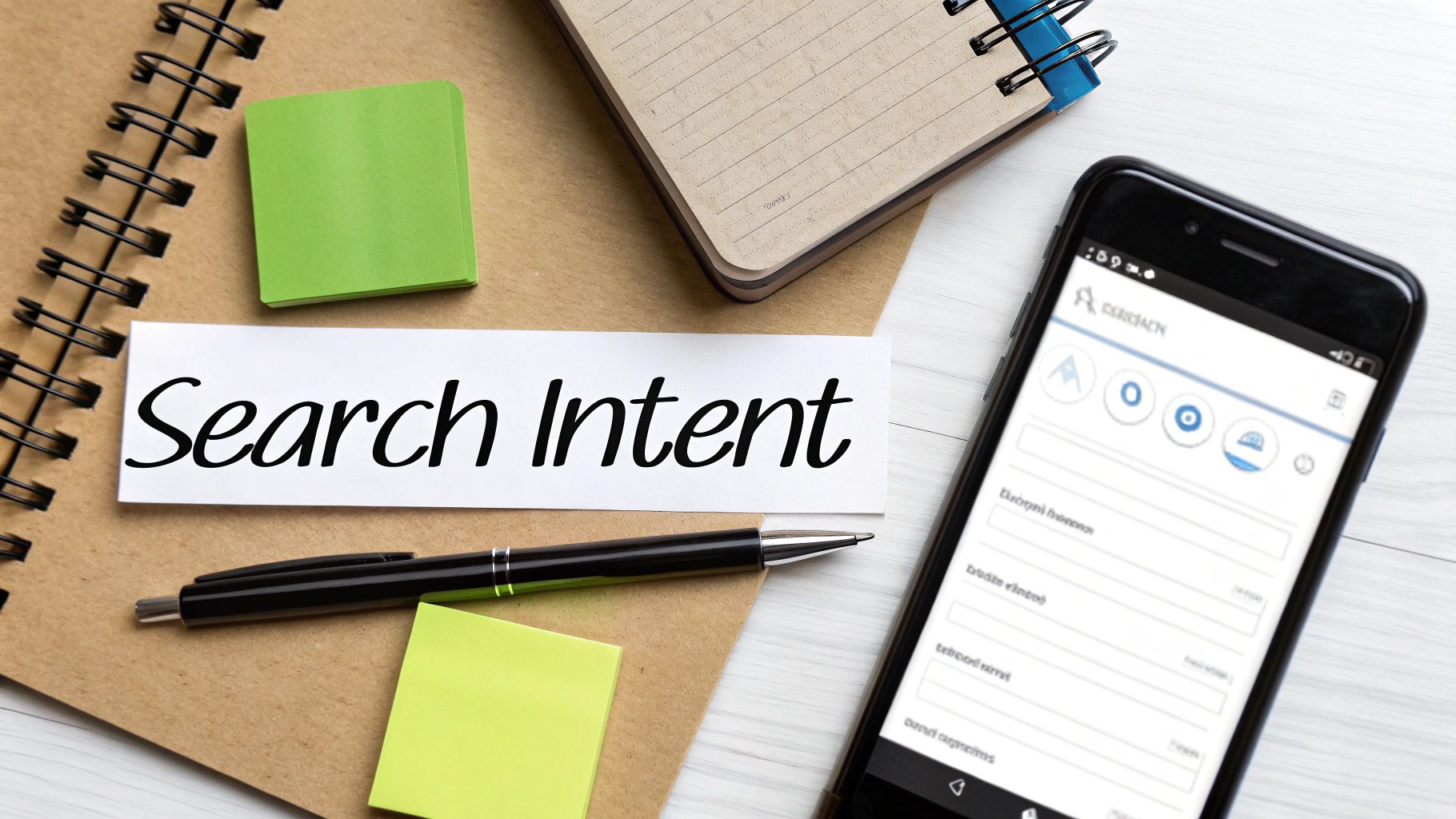 Desk flat lay with a notebook, pen, sticky notes, and smartphone displaying 'Search Intent' text.