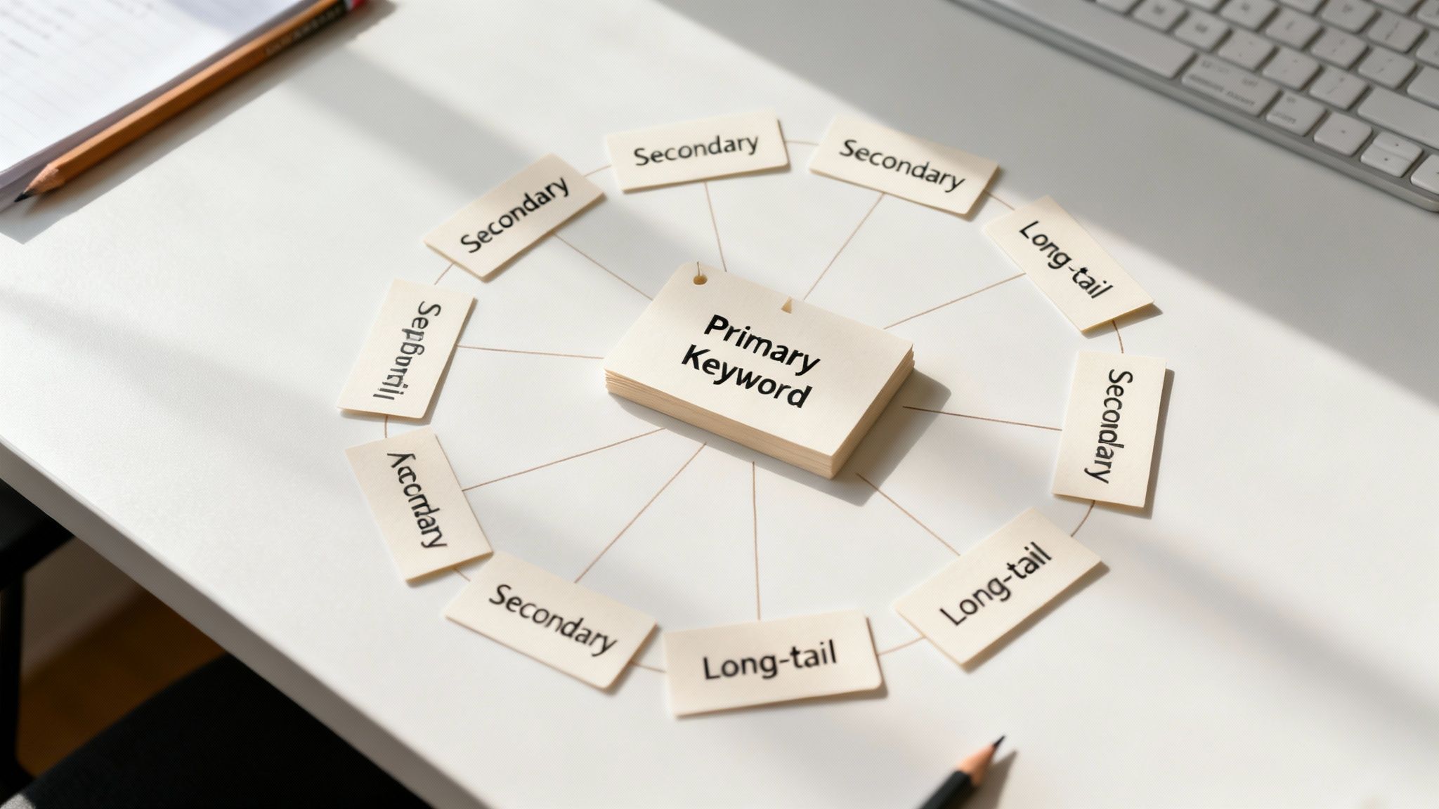 A magnifying glass focusing on a target, symbolizing the shift from broad keyword quantity to precise keyword quality and intent.