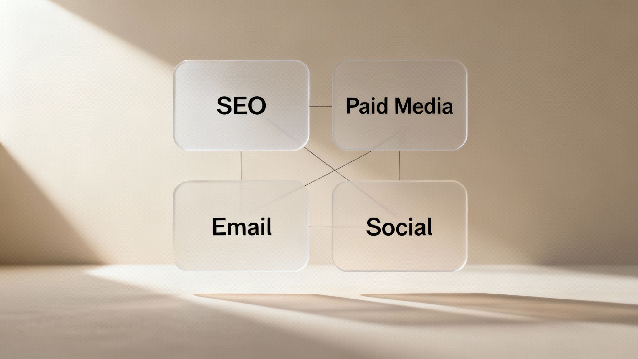 Diagram illustrating four interconnected digital marketing channels: SEO, Paid Media, Email, and Social.